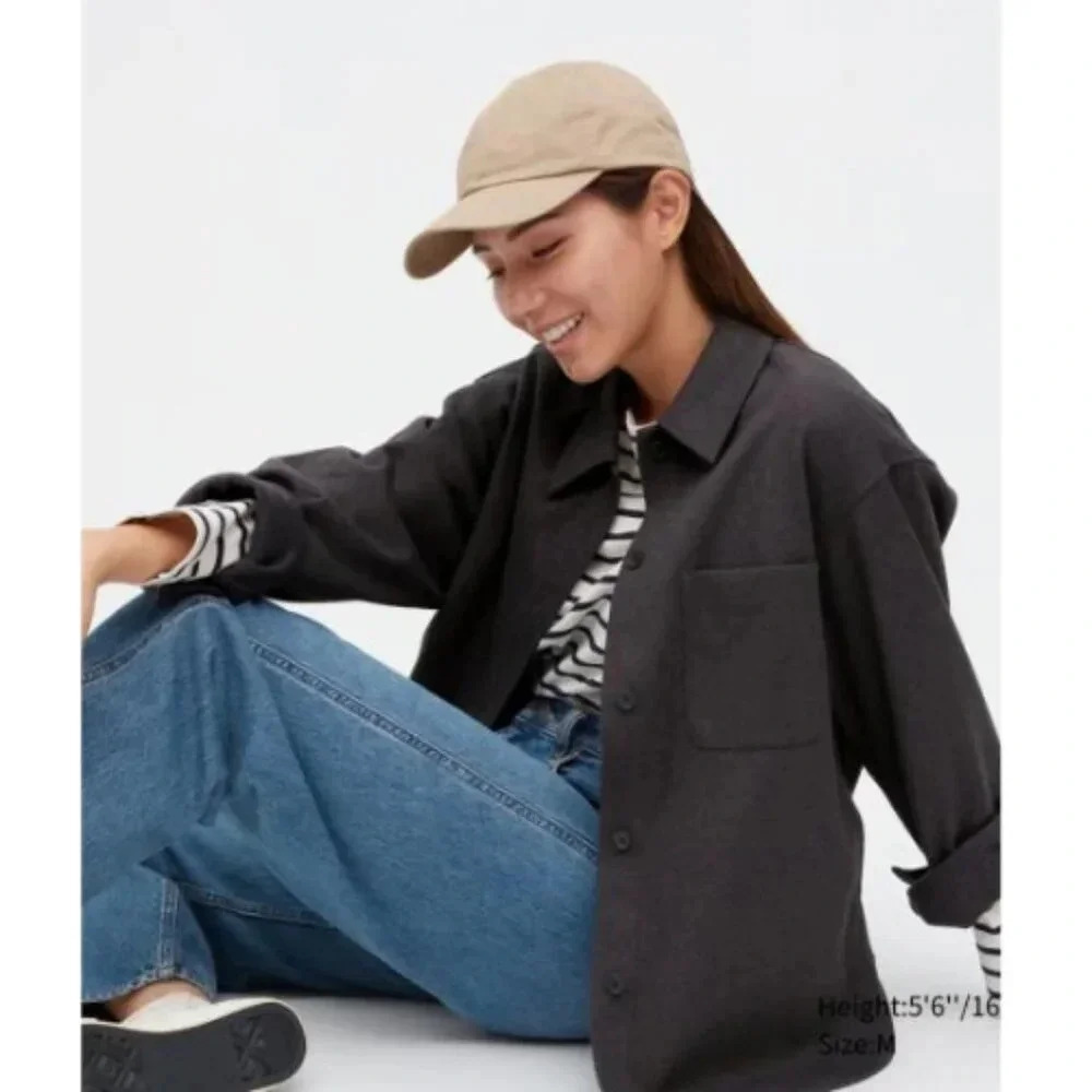Uniqlo Womens Medium Dark Olive Brush Jersey Button Oversized Shirt